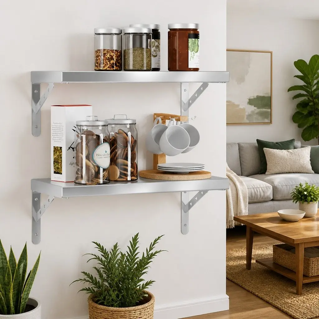 Wall Shelves for Home 50x23.5 cm Silver Floating Storage Display Rack 2 Piece