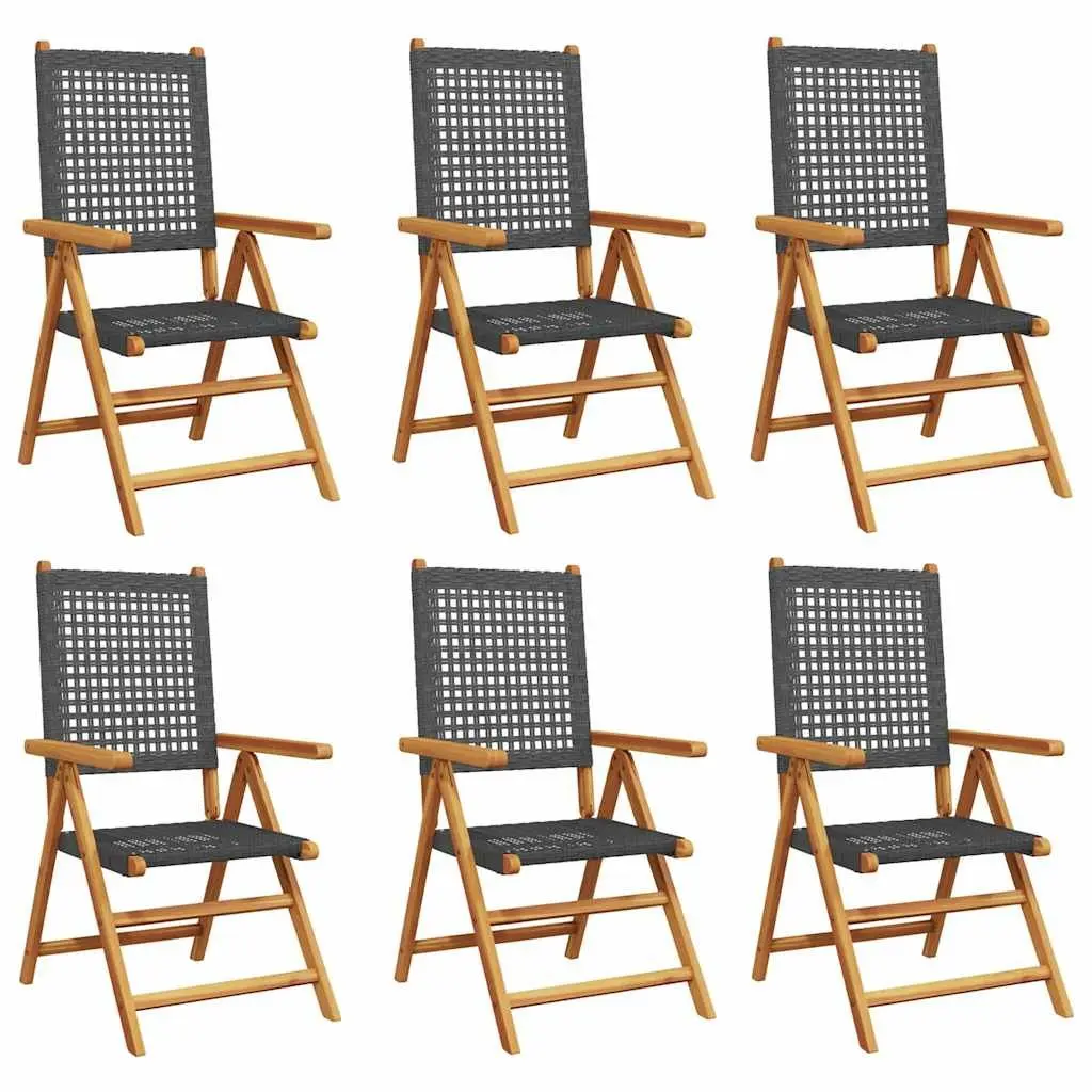 Reclining Garden Chairs Set for Outdoor Use 6 Piece Black Poly Rattan Acacia Wood Folding