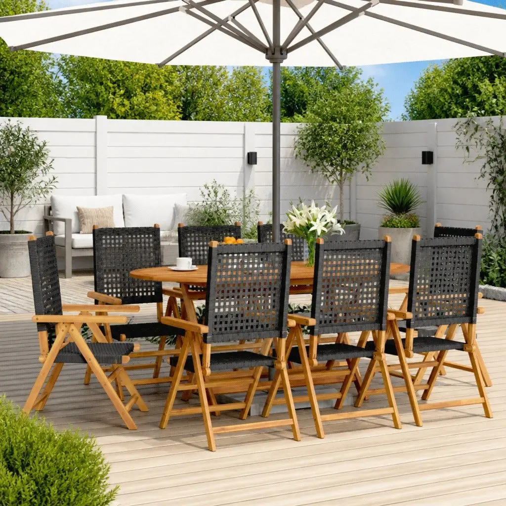 Reclining Garden Chairs Set 8 Piece Outdoor Black PE Rattan Solid Wood