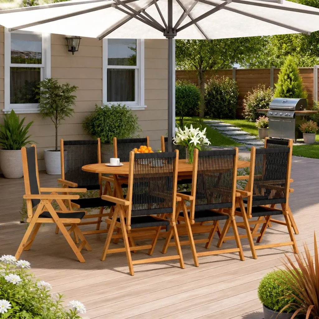 Outdoor Reclining Garden Chairs Set 8 pcs Folding Patio Seating Black Wood