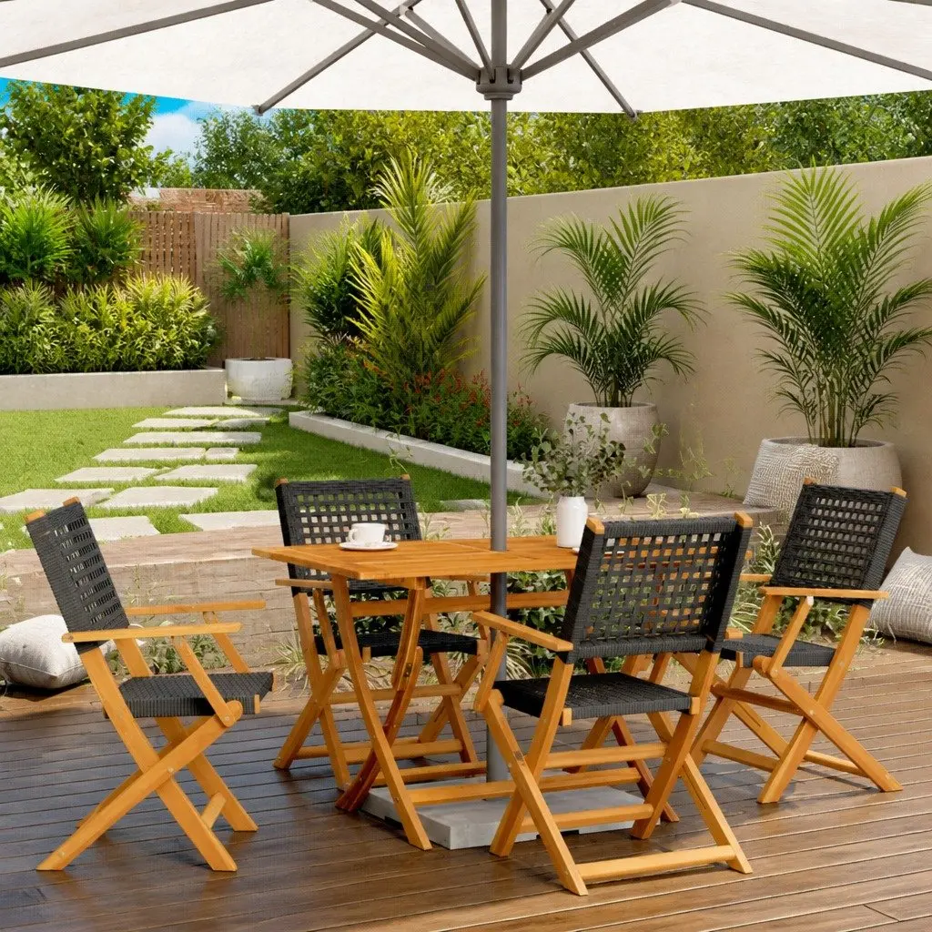 Folding Garden Chairs Set of 4 Outdoor Black Poly Rattan Wood Patio
