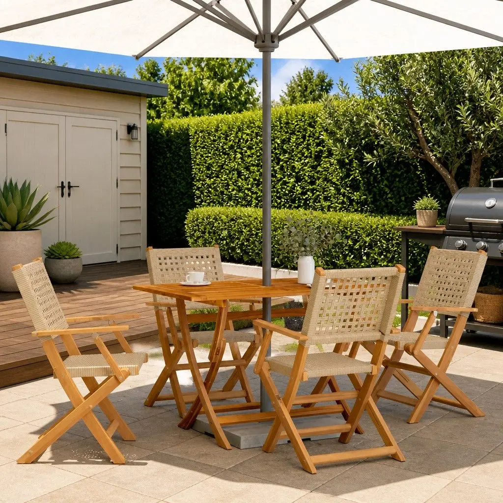 Folding Garden Chairs Outdoor Beige Poly Rattan Solid Wood 4 Piece