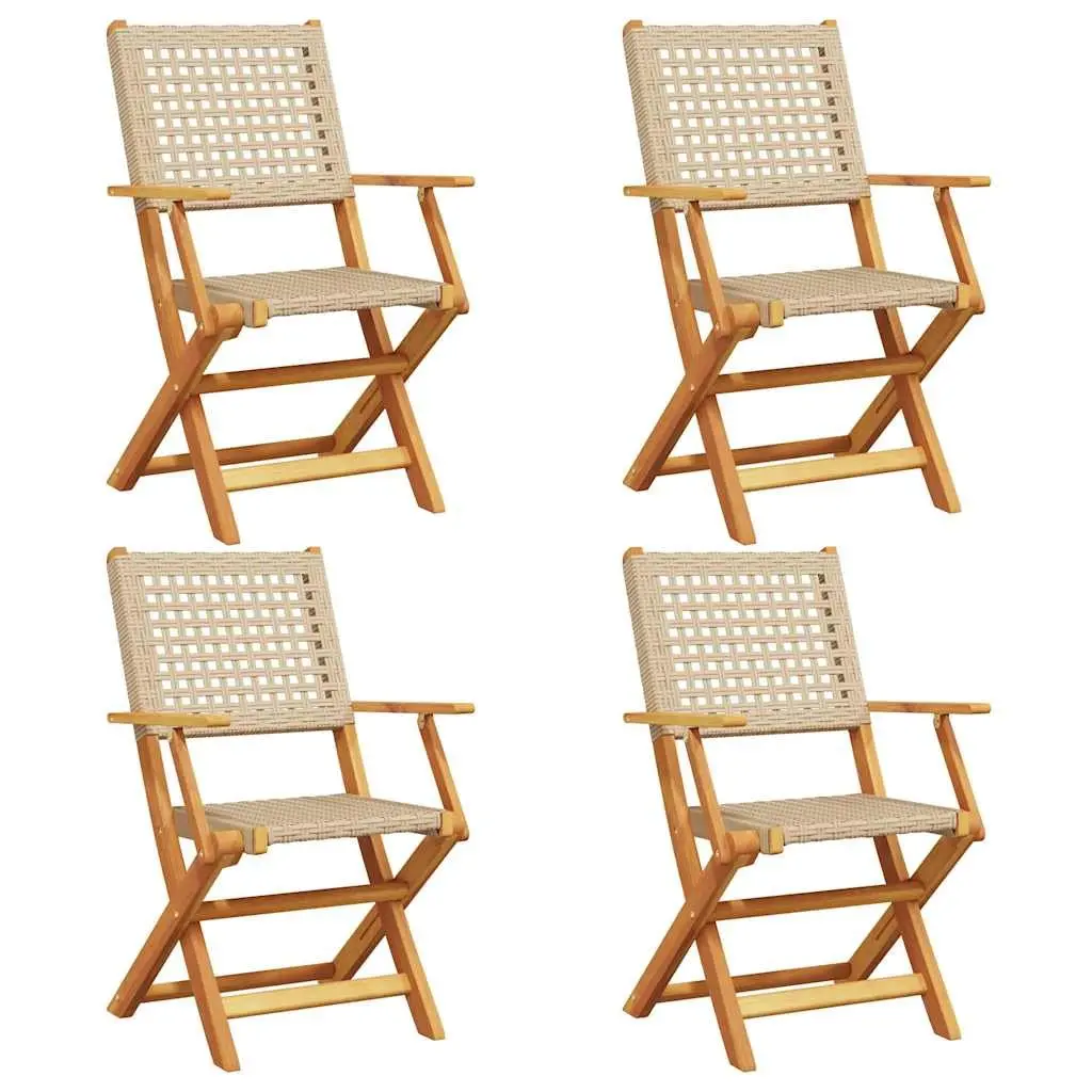 Folding Garden Chairs Outdoor Beige Poly Rattan Solid Wood 4 Piece