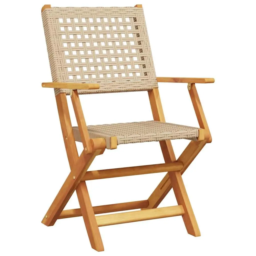 Folding Garden Chairs Outdoor Beige Poly Rattan Solid Wood 4 Piece