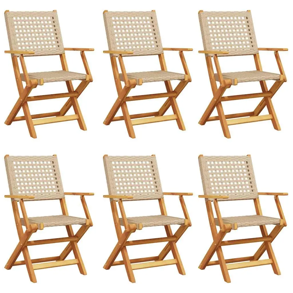 Folding Garden Chairs Outdoor Use 6 Piece Beige Poly Rattan Solid Wood