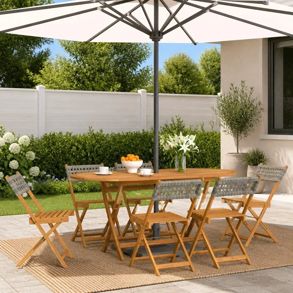 Set of 6 Grey Folding Outdoor Chairs with Wooden Armrests for Garden and Patio Relaxation