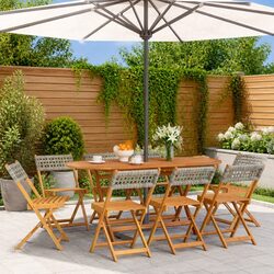 Set of 8 Folding Garden Chairs - Solid Wood & Rattan