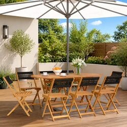 Folding Garden Chairs Set: 8 Black Acacia Wood Chairs