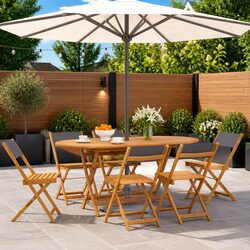 Folding Garden Chairs Set - 6 Solid Acacia Wood Pieces