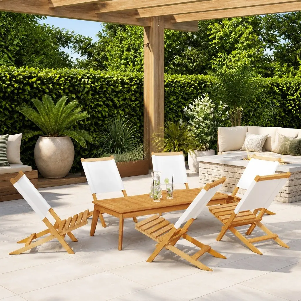 Folding Garden Chairs Outdoor Seating 6 Piece Set White Fabric Wood