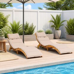 2-Pack Beige Sun Loungers with Cushions - Acacia Wood Construction