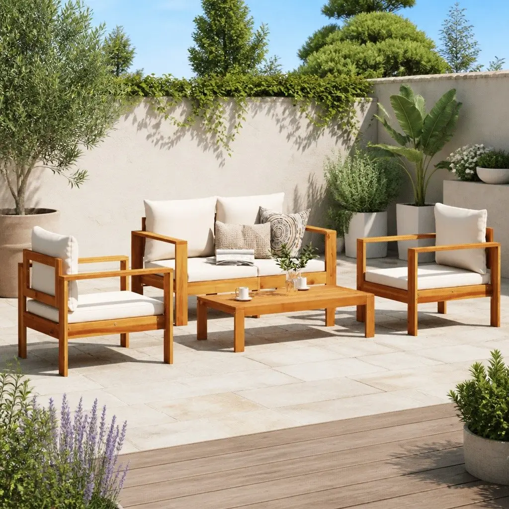 4 Piece Outdoor Sofa Set Modular Acacia Wood with Red Cushions for Patio Garden