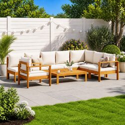 6 Piece Garden Sofa Set: Acacia Wood & Cream Cushions