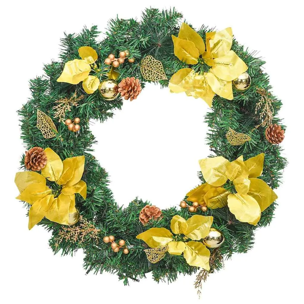 Christmas Wreath 60cm Indoor Outdoor Green Gold PVC Baubles LED Lights