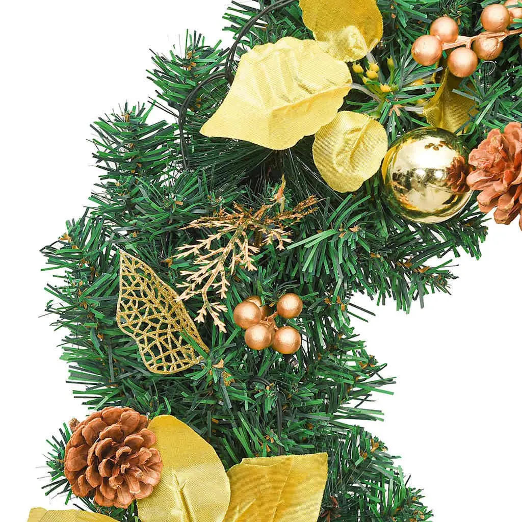 Christmas Wreath 60cm Indoor Outdoor Green Gold PVC Baubles LED Lights