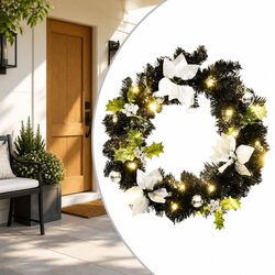 Christmas Wreath LED Lights 60cm Black Silver Baubles Holiday Home Decoration