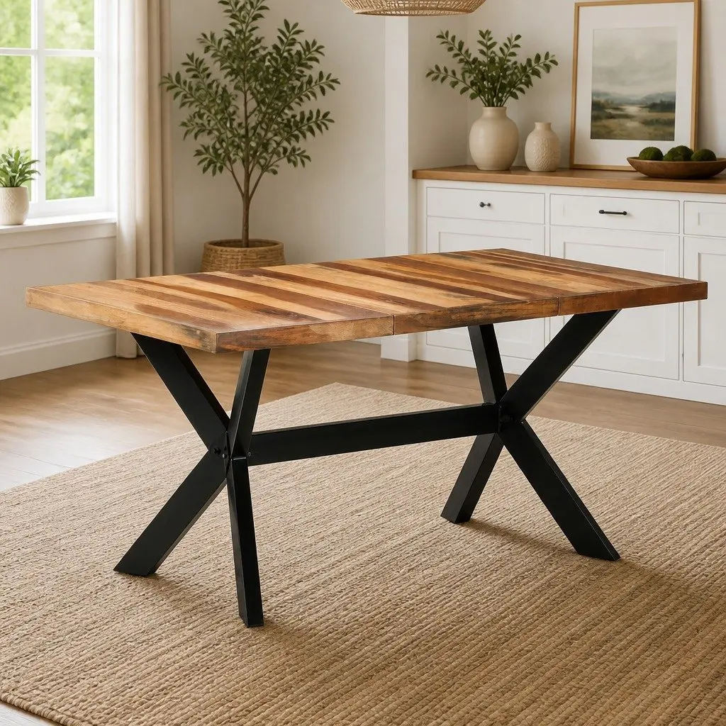 Industrial Solid Wood Dining Table 160x80x75 cm Steel Legs Cross Frame Kitchen
