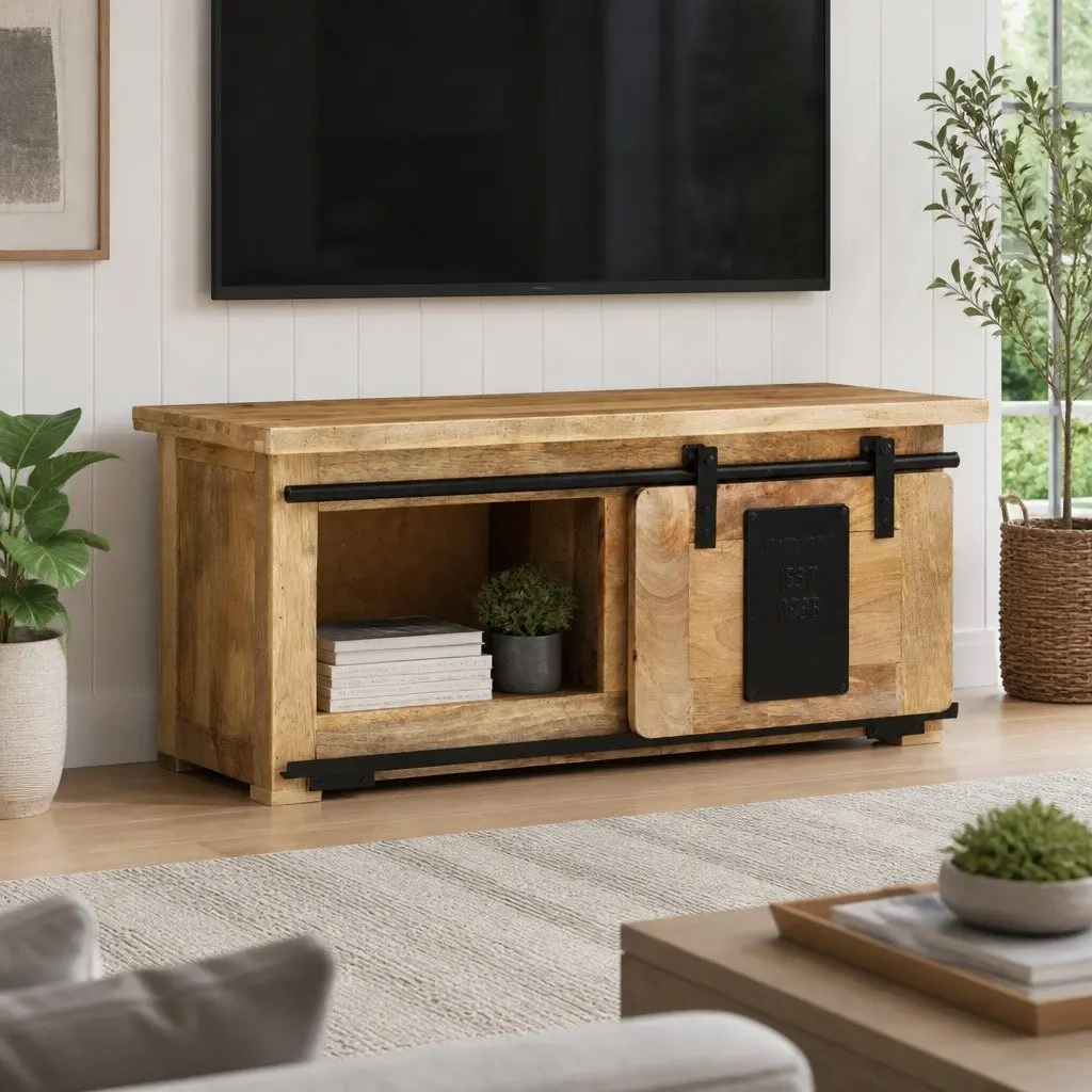 Mango Wood TV Cabinet 90L x 35W x 40H cm with Steel Components