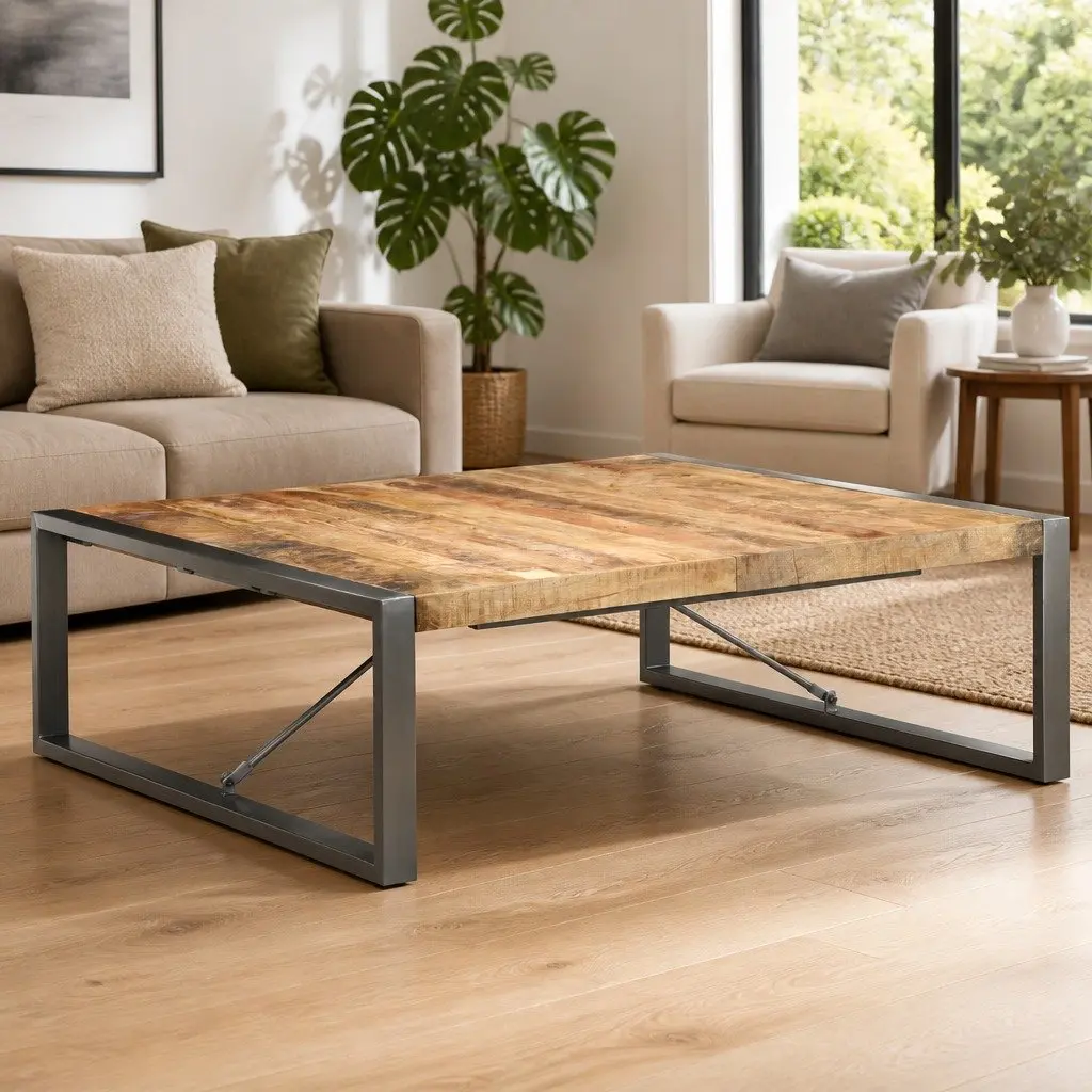 Coffee Table Living Room 120x120x40 cm Industrial Style Solid Wood Mango Grey