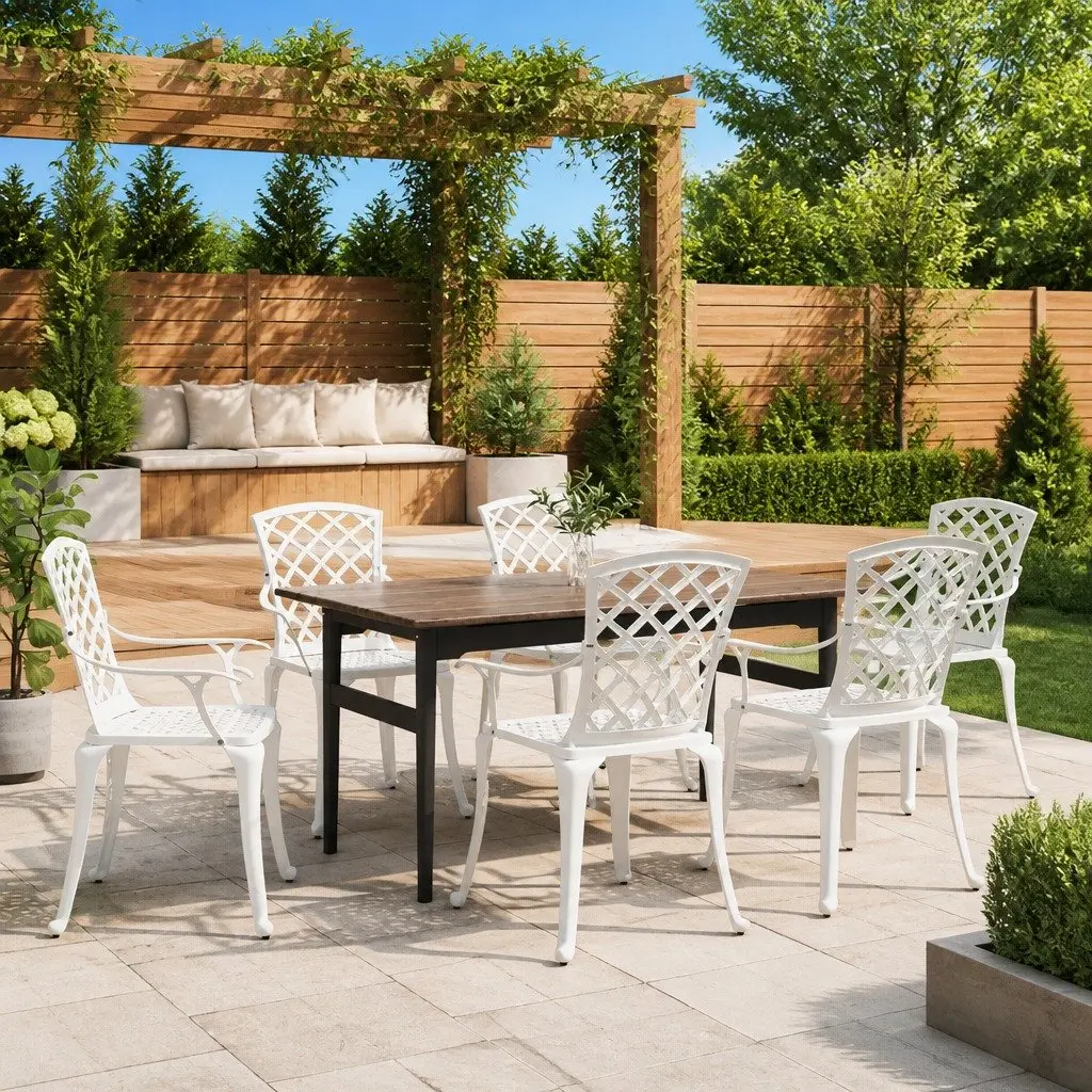 Cast Aluminium Outdoor Garden Chairs Set of 6 White Patio Dining Armchair