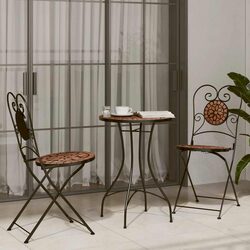 Mosaic Bistro Set - Ceramic Top, Iron Frame, Foldable Chairs