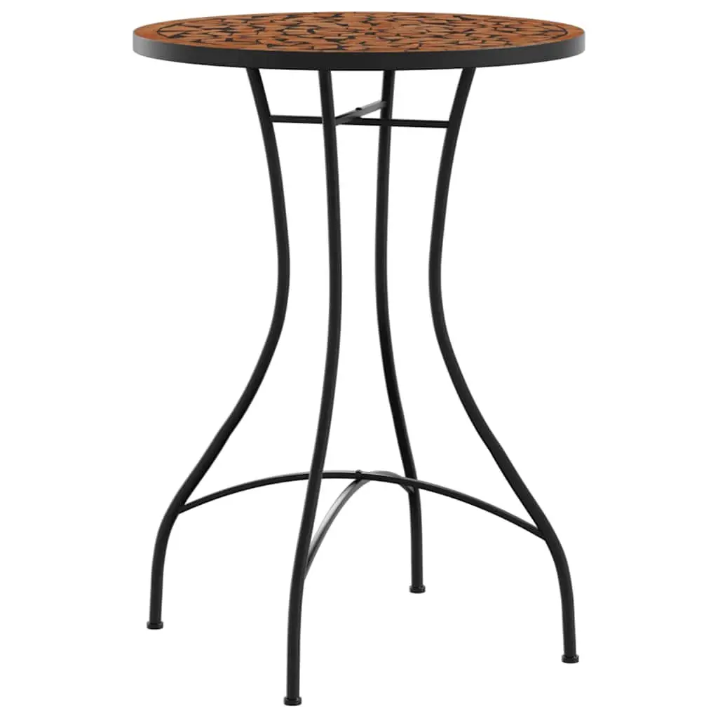 Mosaic Bistro Set for Garden Balcony Outdoor Use with Orange Ceramic Tabletop and Iron Frame Foldable Chairs