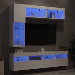 Complete 7 Piece TV Wall Cabinet Set in White with LED Lights