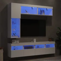 Complete 7 Piece TV Wall Cabinet Set in White with LED Lights