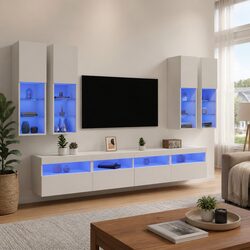 7-Piece TV Wall Cabinet Set: White, LED Lights, Engineered Wood