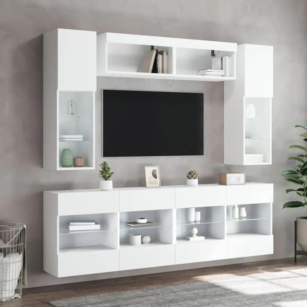 TV Wall Cabinet Set for Living Room 6 Piece White with RGB LED Lights