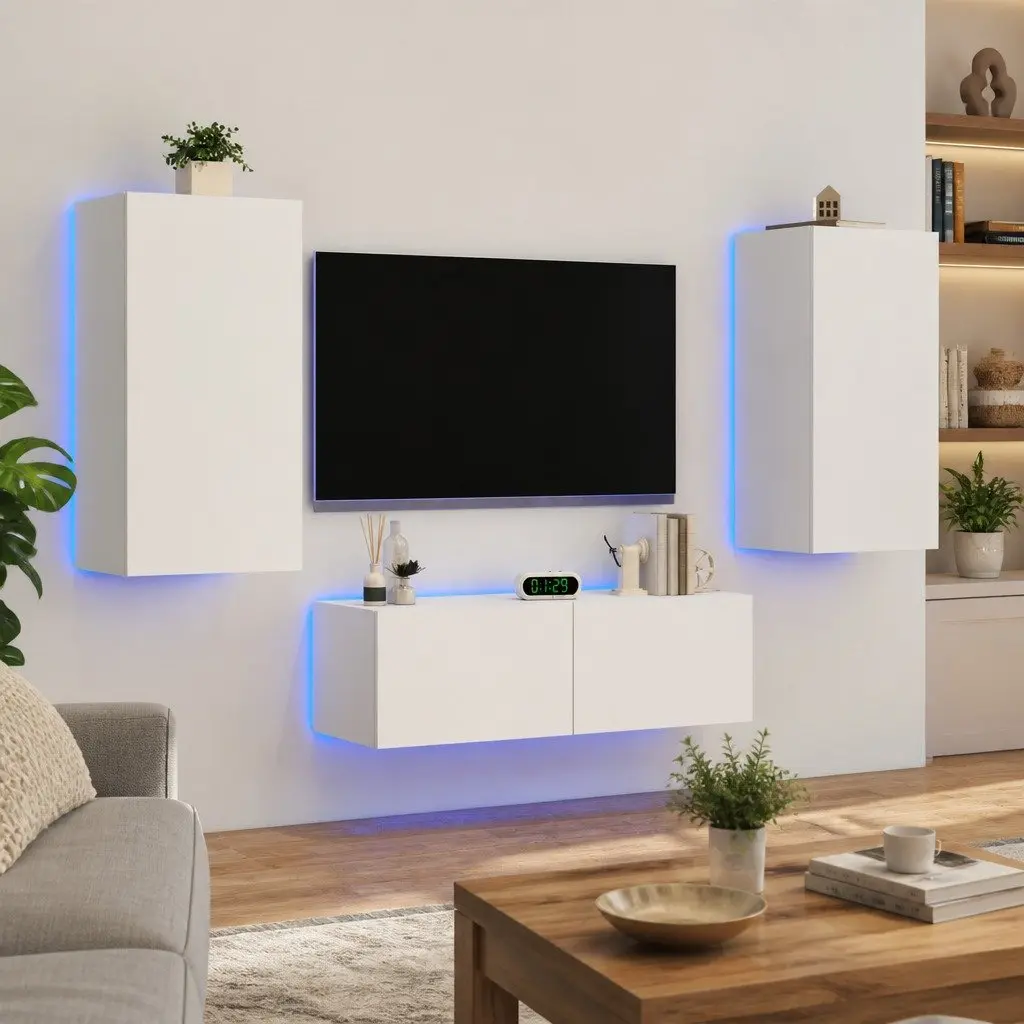 3 Piece White TV Wall Cabinets for Living Room with RGB LED Lights