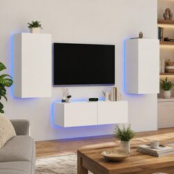 3-Piece White Engineered Wood TV Cabinets with LEDs
