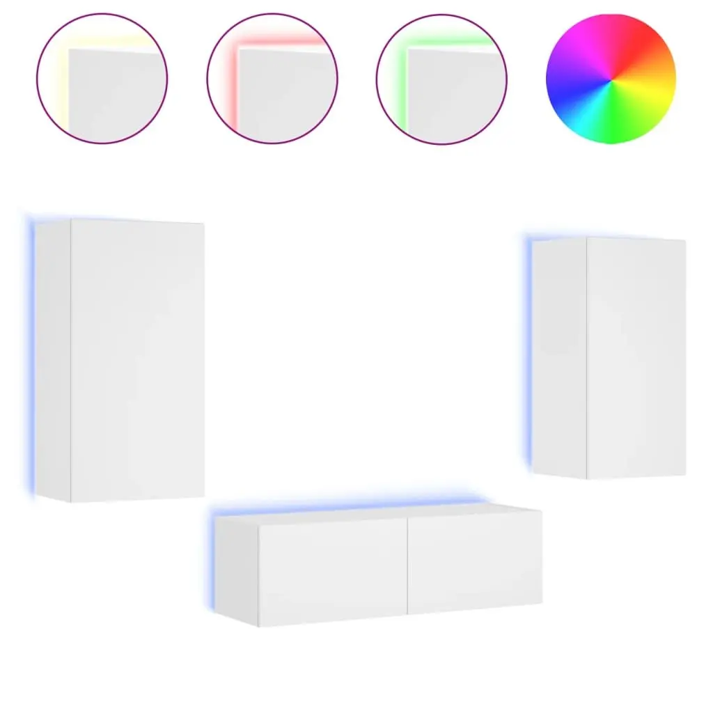 3 Piece White TV Wall Cabinets for Living Room with RGB LED Lights