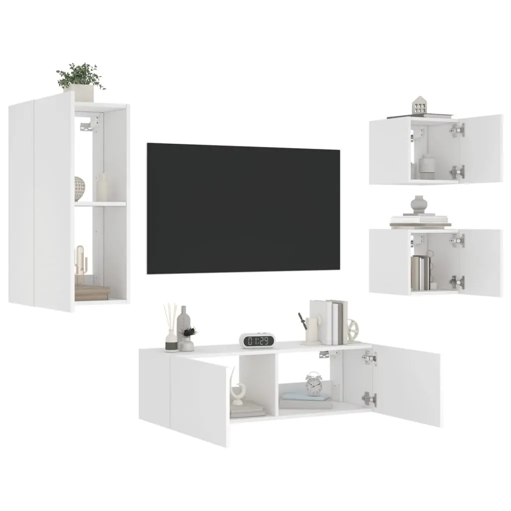 4 White Wall-Mounted TV Cabinets with Lights