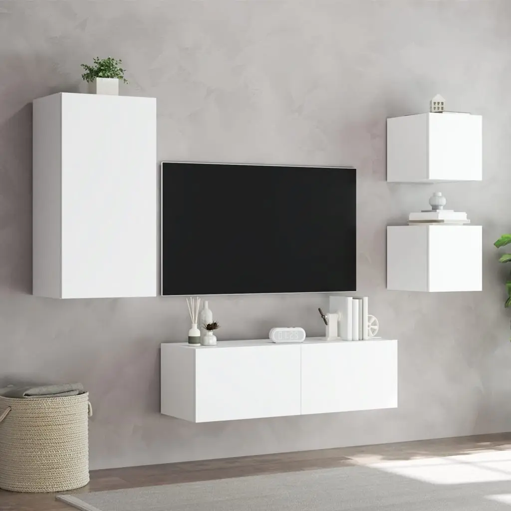 4 White Wall-Mounted TV Cabinets with Lights