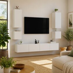 6 Piece White TV Wall Cabinets RGB LED Lights Floating Storage Units