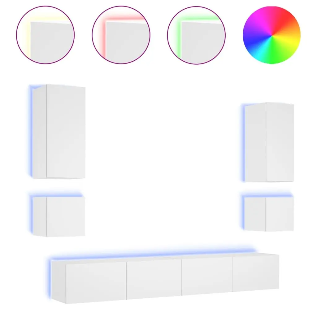 6 Piece TV Wall Cabinets for Living Room White with RGB LED Lights Floating Storage Units