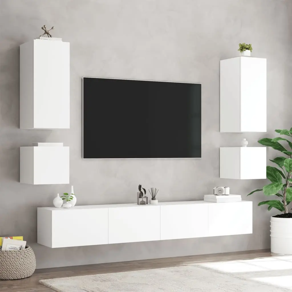 6 Piece TV Wall Cabinets for Living Room White with RGB LED Lights Floating Storage Units