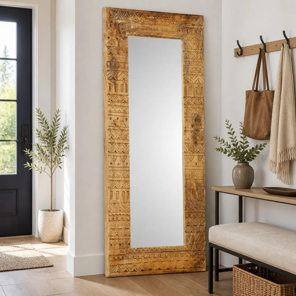 Hand-Carved Wooden Mirror Wall Decor 110x50cm Brown Solid Wood Home Accent