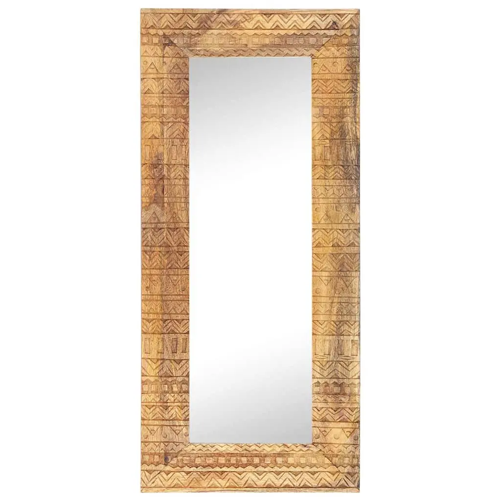 Hand-Carved Wooden Mirror Wall Decor 110x50cm Brown Solid Wood Home Accent