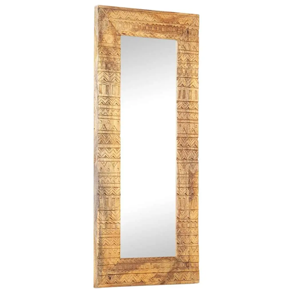 Hand-Carved Wooden Mirror Wall Decor 110x50cm Brown Solid Wood Home Accent