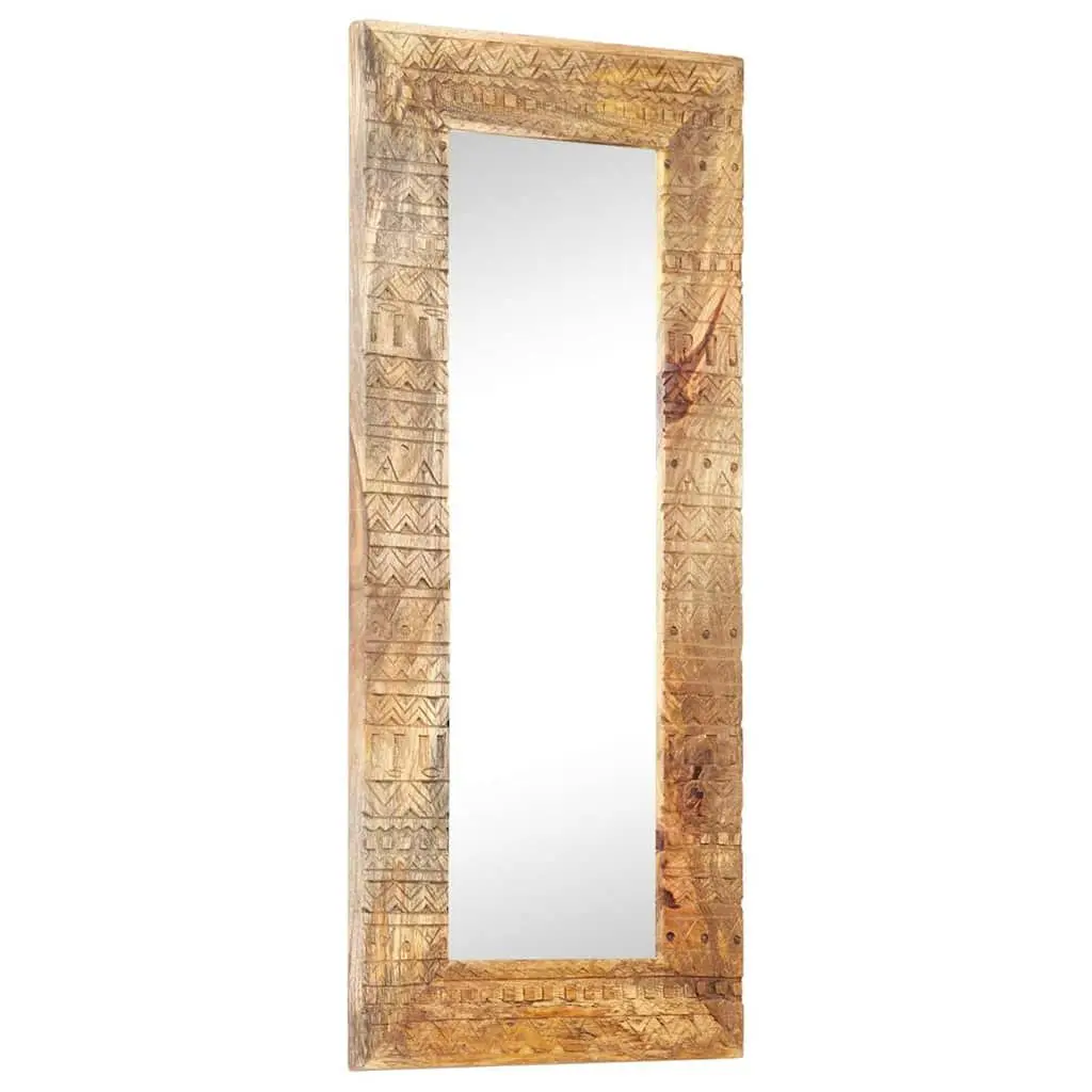 Hand-Carved Wooden Mirror Wall Decor 110x50cm Brown Solid Wood Home Accent
