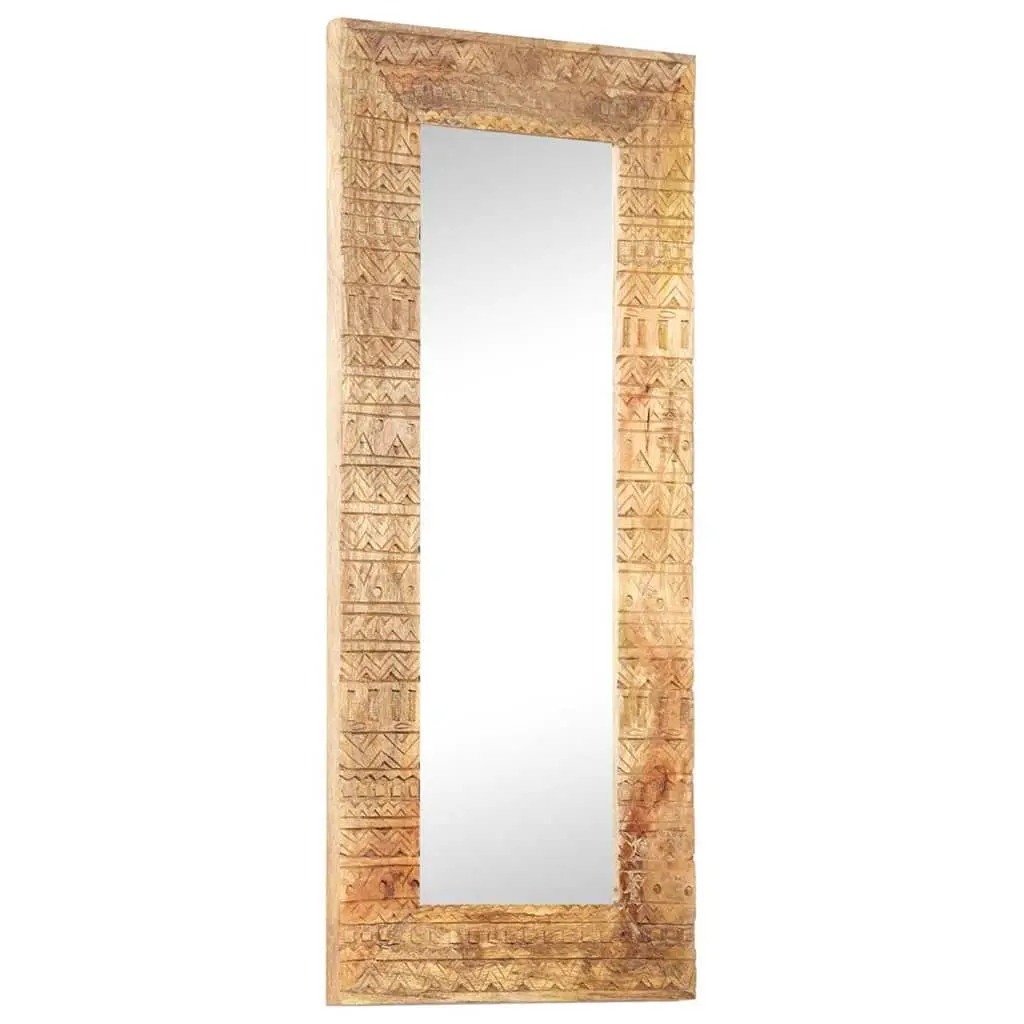 Hand-Carved Wooden Mirror Wall Decor 110x50cm Brown Solid Wood Home Accent