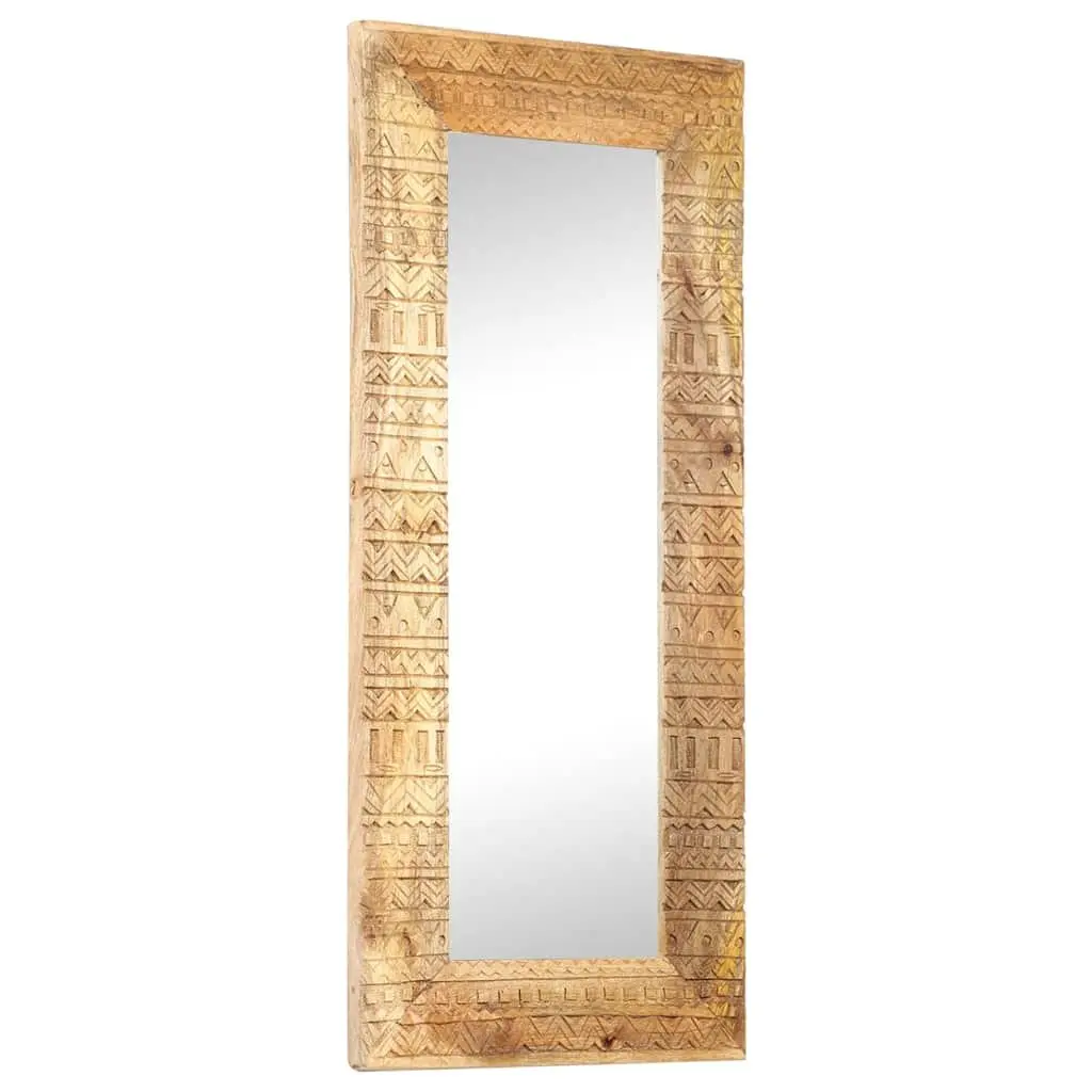 Hand-Carved Wooden Mirror Wall Decor 110x50cm Brown Solid Wood Home Accent