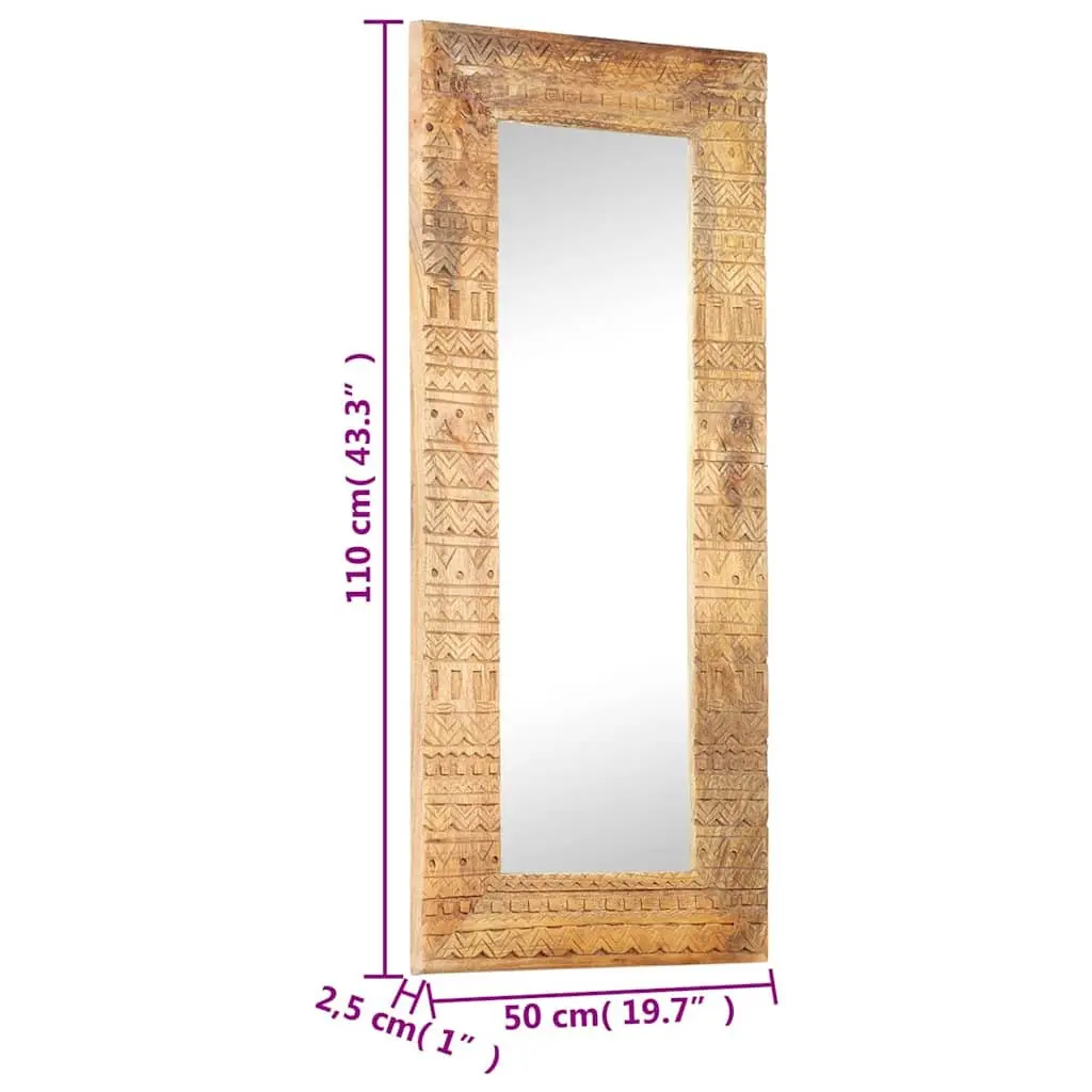 Hand-Carved Wooden Mirror Wall Decor 110x50cm Brown Solid Wood Home Accent