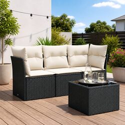 4 Piece Outdoor Garden Sofa Set Black Poly Rattan Patio Furniture with Cushions