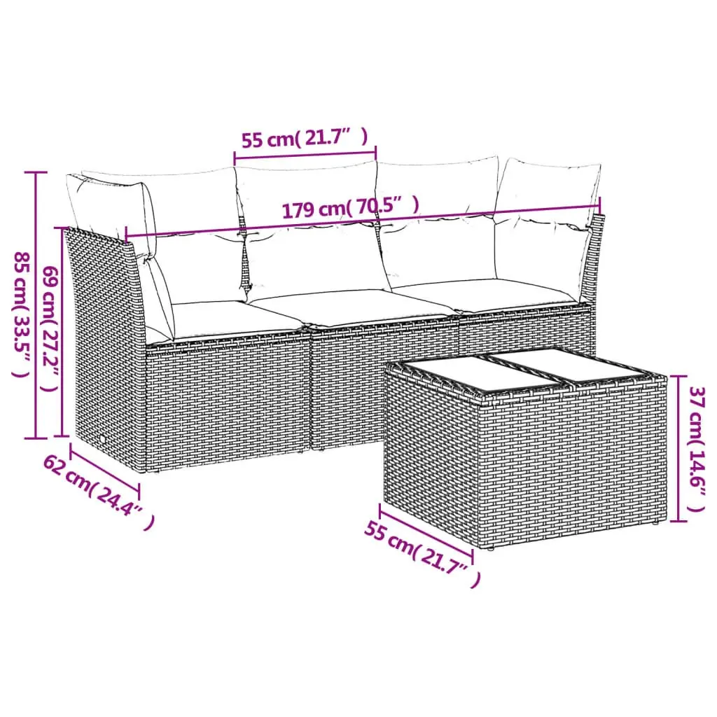 4 Piece Outdoor Garden Sofa Set Black Poly Rattan Patio Furniture with Cushions