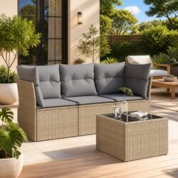 4-Piece Garden Sofa Set: Beige, PE Rattan, Tempered Glass