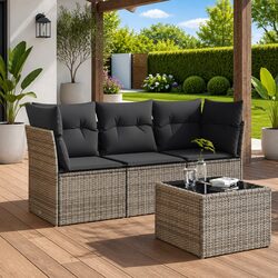 4 Piece Garden Sofa Set with Cushions Grey Poly Rattan Outdoor Patio Furniture