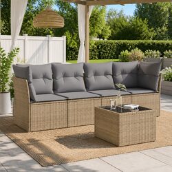 Garden Sofa Set 5 Piece Outdoor Furniture Patio Beige Poly Rattan with Cushions